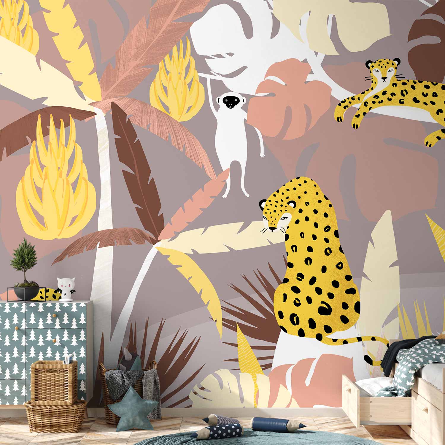 Wall Mural - Cheetahs in the jungle - landscape with exotic animals with palm trees for children