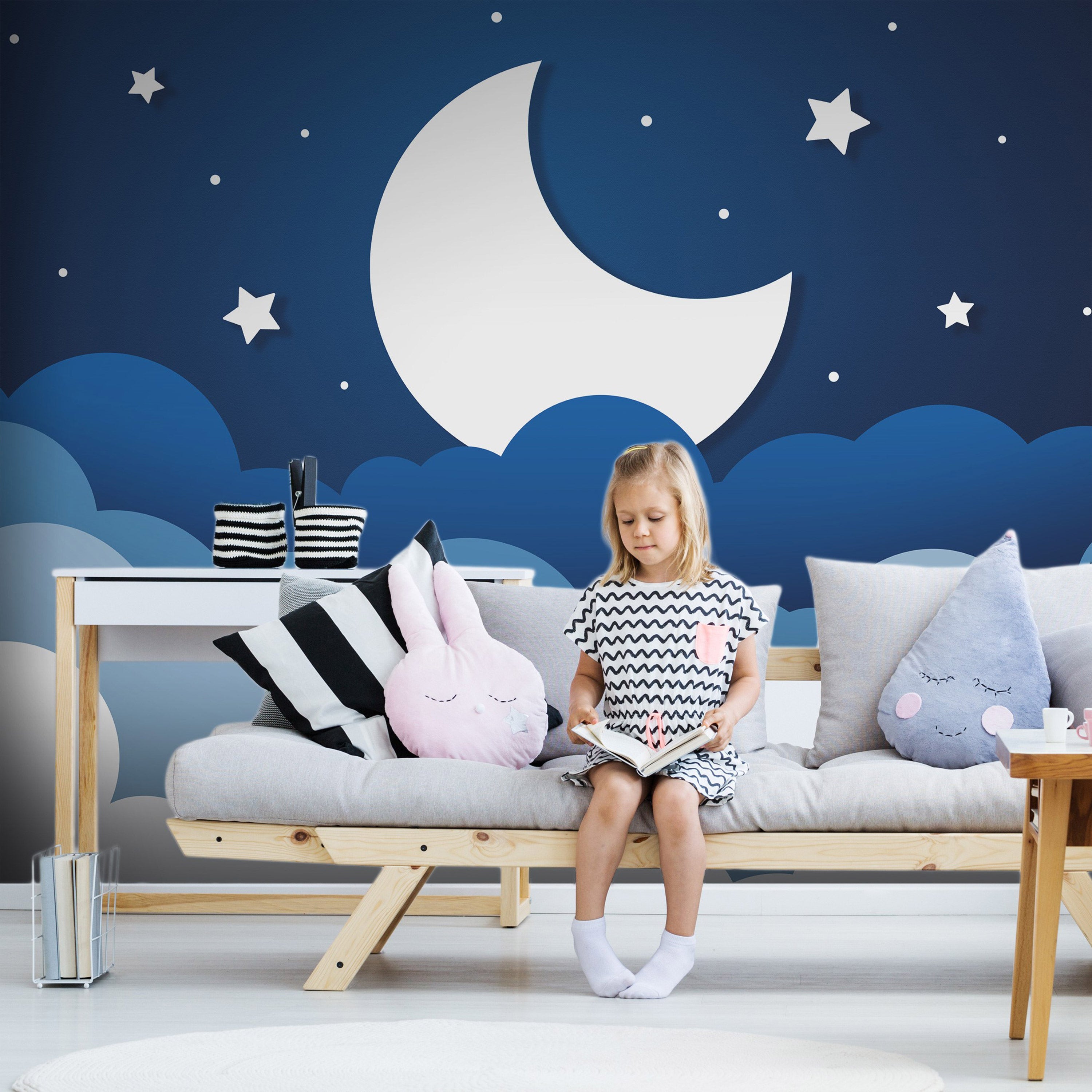 Wall Mural for Children Moon Dream Clouds on a Dark Blue Sky
