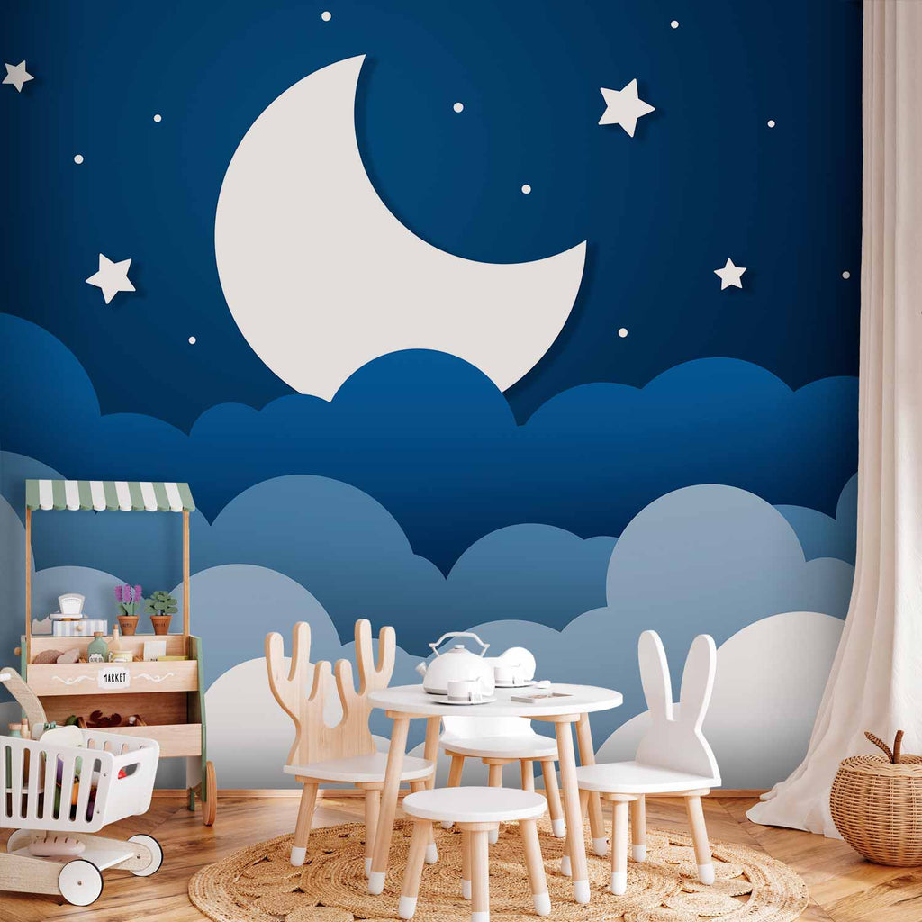 Wandbild für Kinder: Mond, Traumwolken am dunkelblauen Himmel