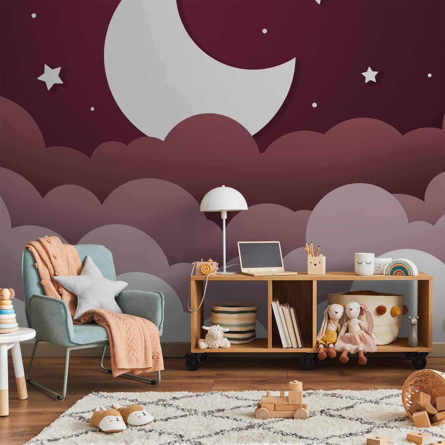 Wall Mural Moon Dream - Clouds in Maroon Sky for Children