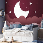 Moon and Clouds Maroon Sky Children's Wall Mural