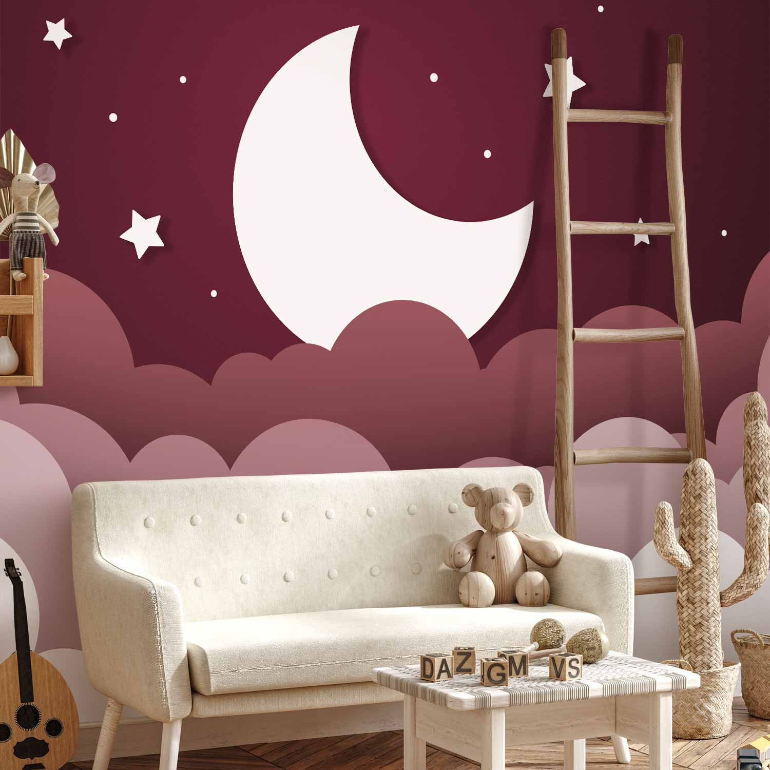 Moon and Clouds Maroon Sky Children's Wall Mural