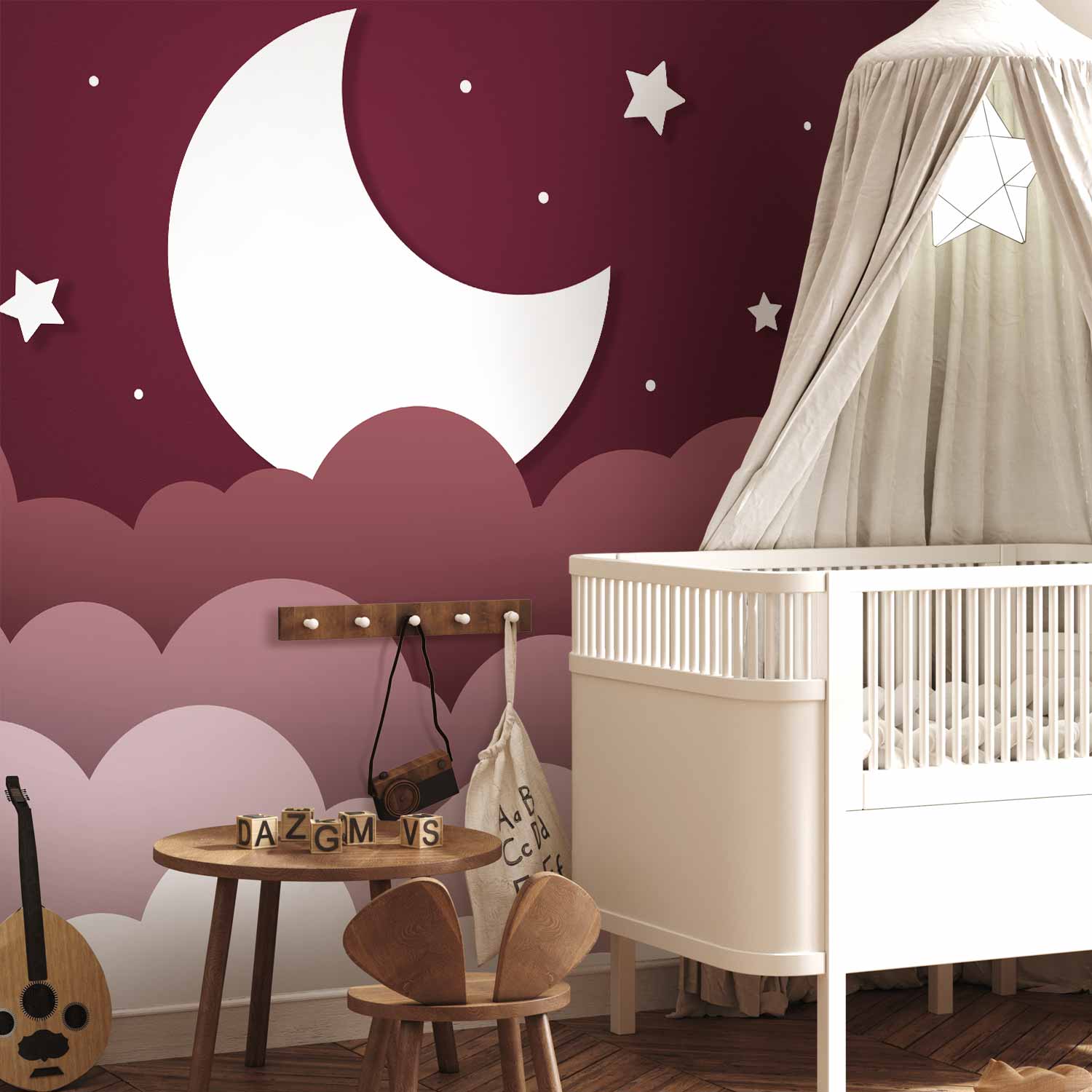 Moon and Clouds Maroon Sky Children's Wall Mural