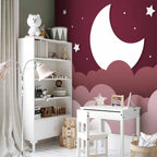 Moon and Clouds Maroon Sky Children's Wall Mural