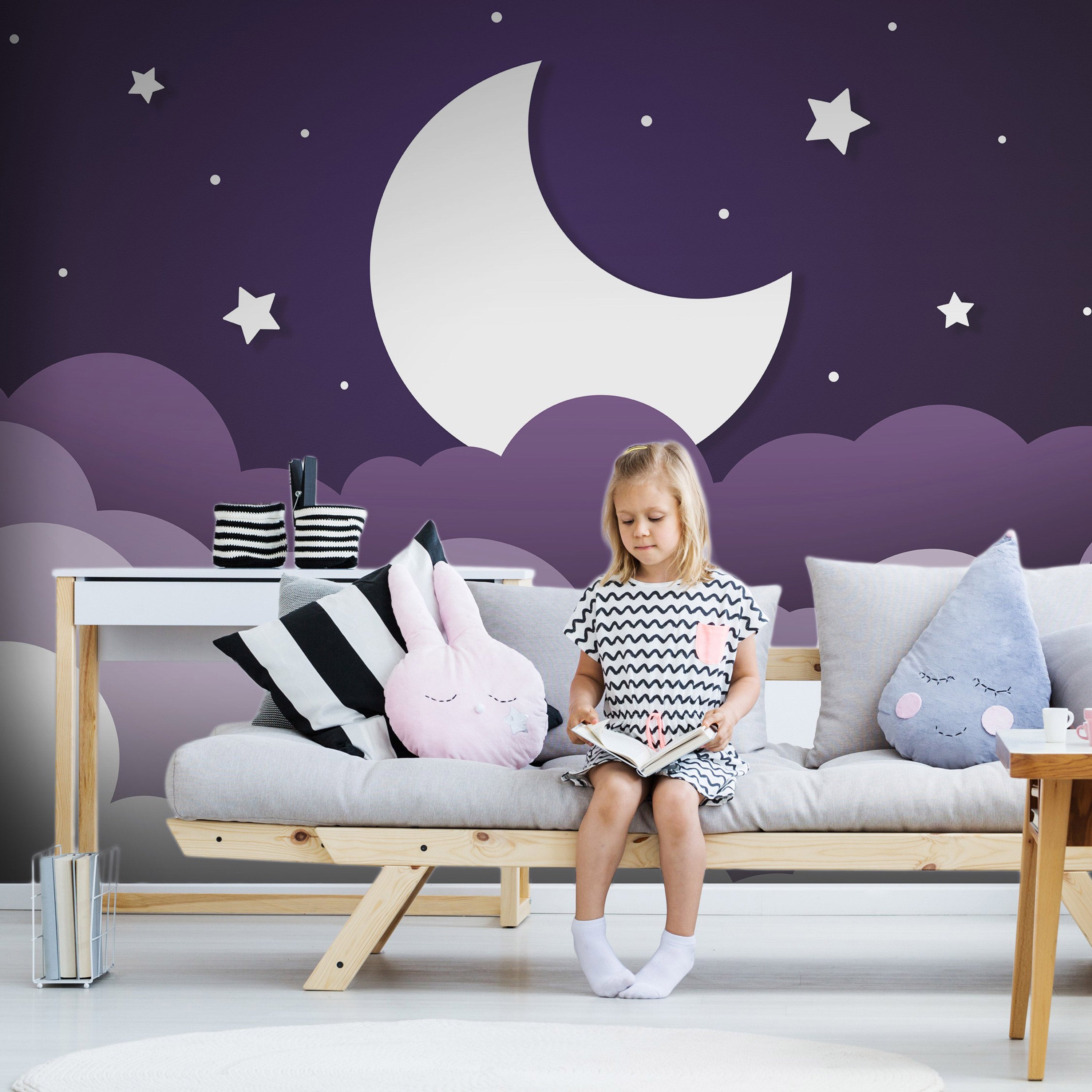 Wall Mural Moon Dream: Clouds in Purple Sky for Children