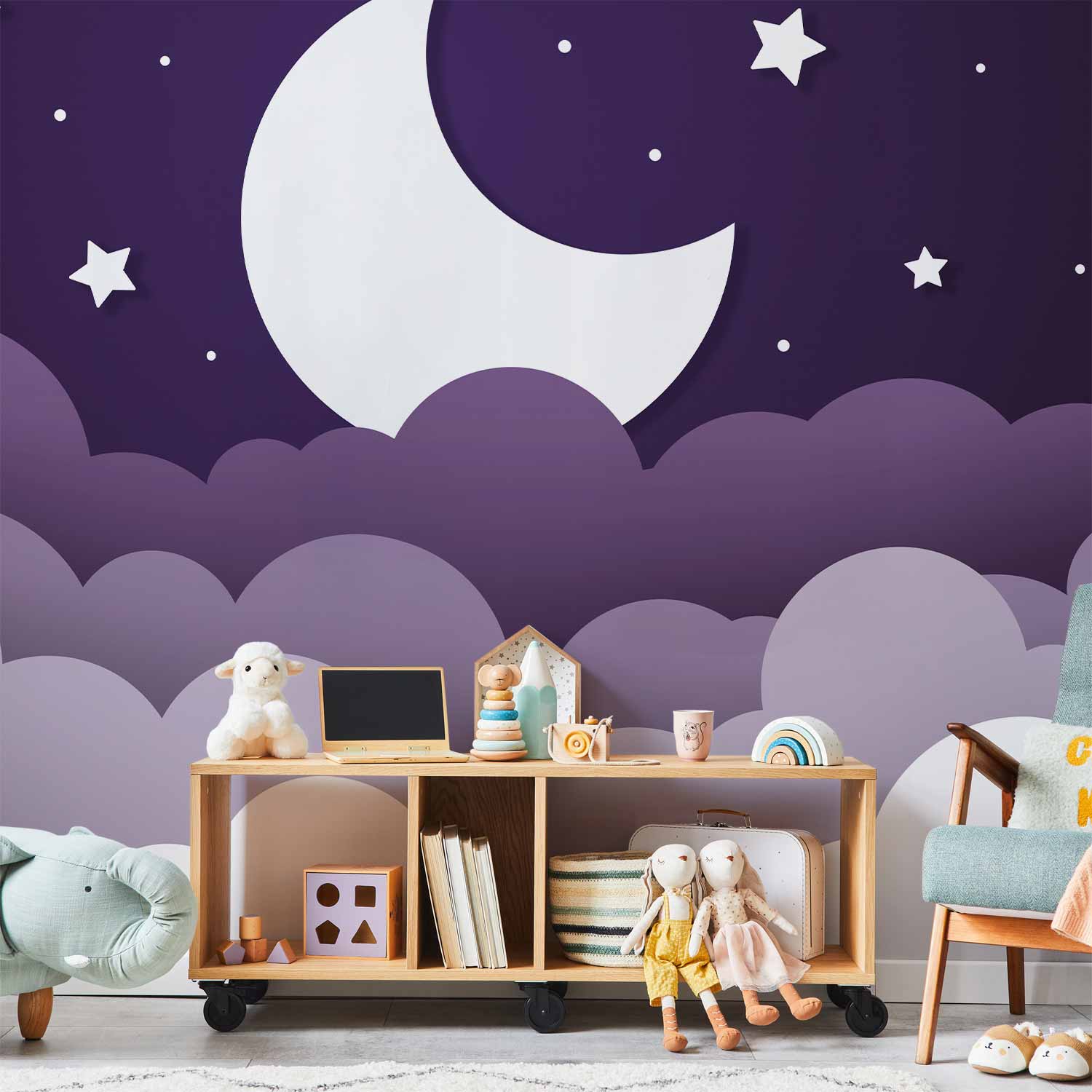Wall Mural Moon Dream: Clouds in Purple Sky for Children