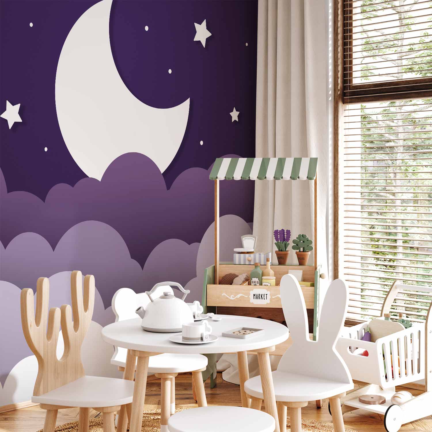 Purple Moon Dream Clouds Starry Sky Children's Wall Mural