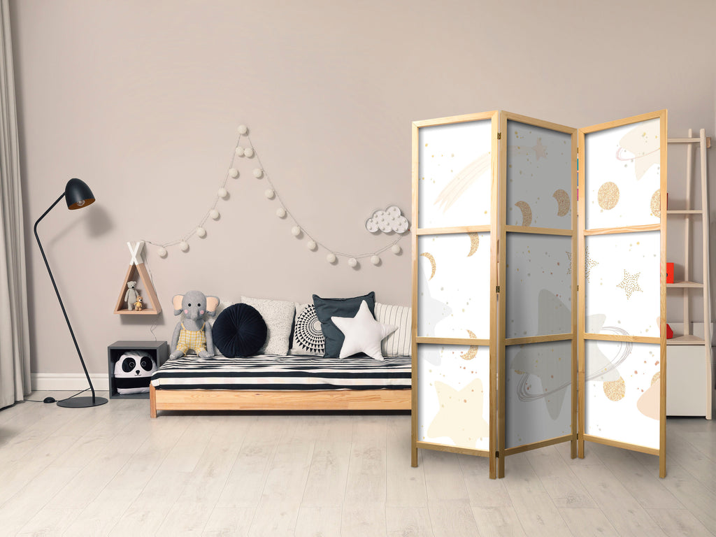 Japanese Room Divider 3-Panel for Children with Moon Phases Design
