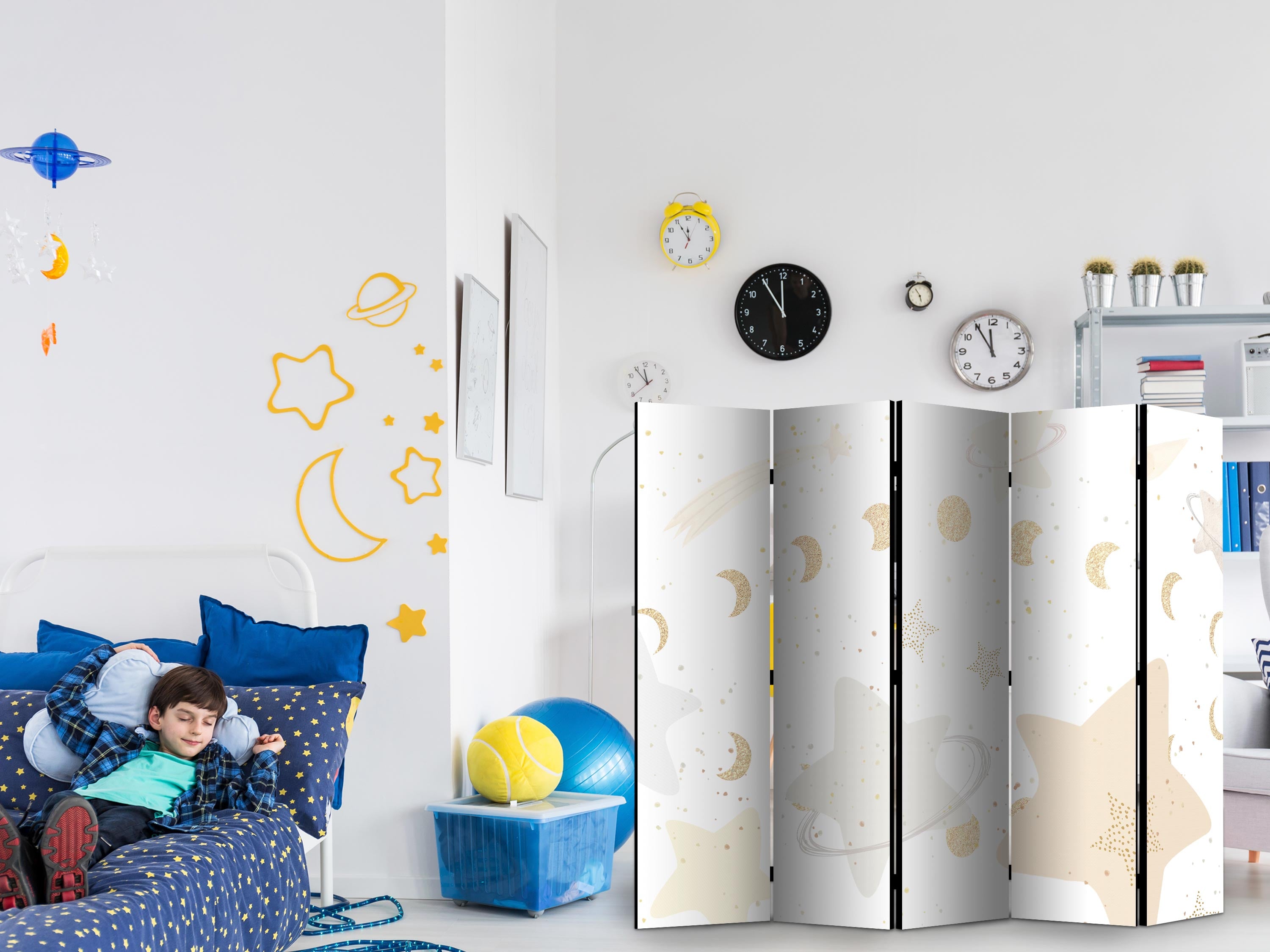 Room Divider - Fairy-Tale Galaxy Moon Phases in Yellow Beige and Ash with Stardust