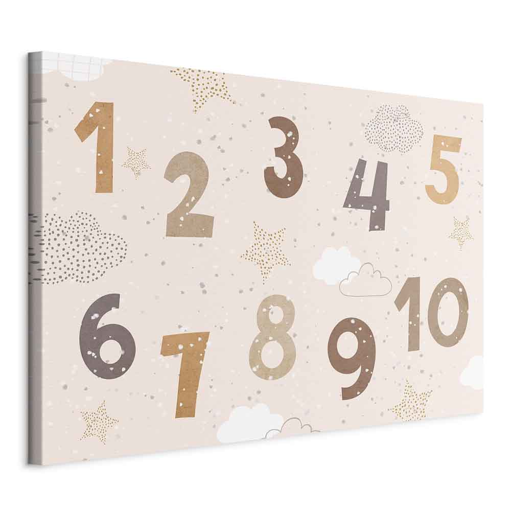 Canvas Print Jumping Numbers in Beige-Brown Snowflakes Stars Clouds