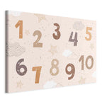 Canvas Print Jumping Numbers in Beige-Brown Snowflakes Stars Clouds