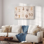 Canvas Print Jumping Numbers in Beige-Brown Snowflakes Stars Clouds