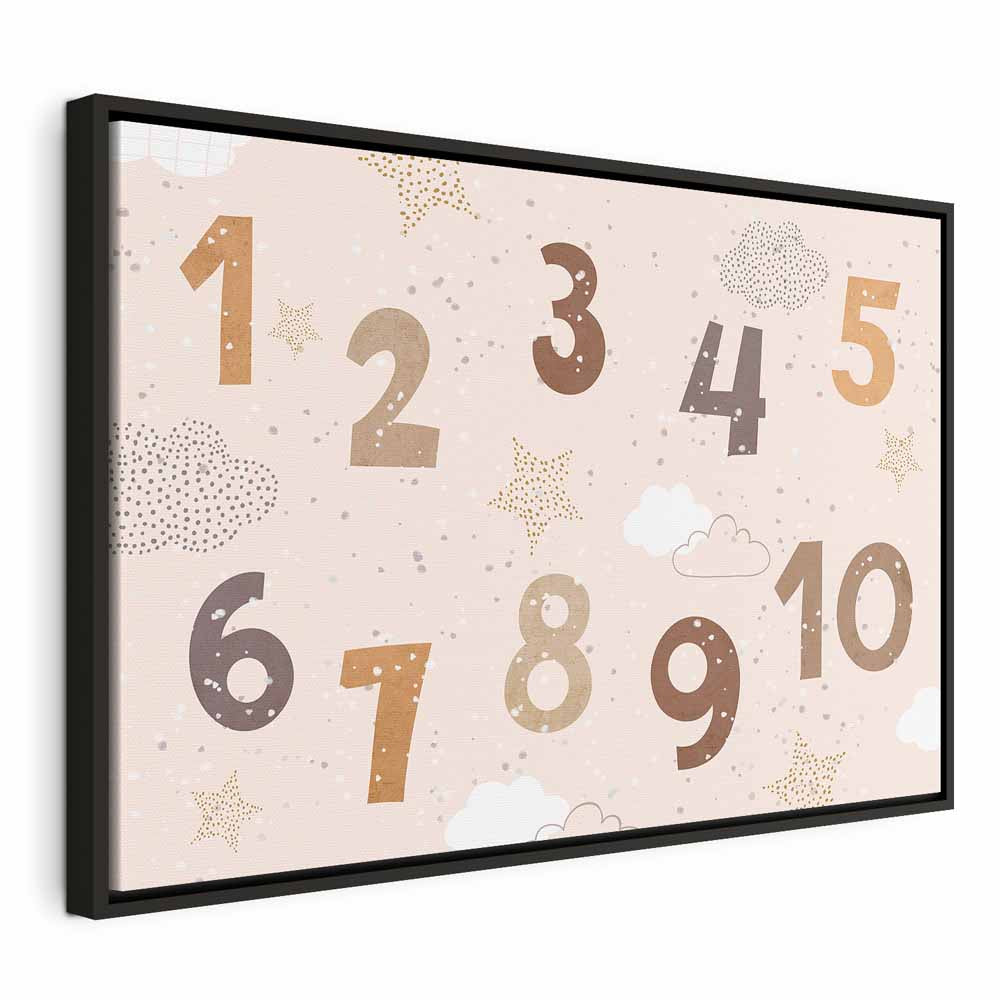 Canvas Print Jumping Numbers in Beige-Brown Snowflakes Stars Clouds