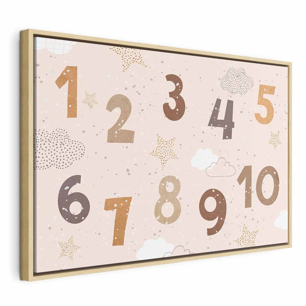 Canvas Print Jumping Numbers in Beige-Brown Snowflakes Stars Clouds