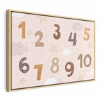 Canvas Print Jumping Numbers in Beige-Brown Snowflakes Stars Clouds