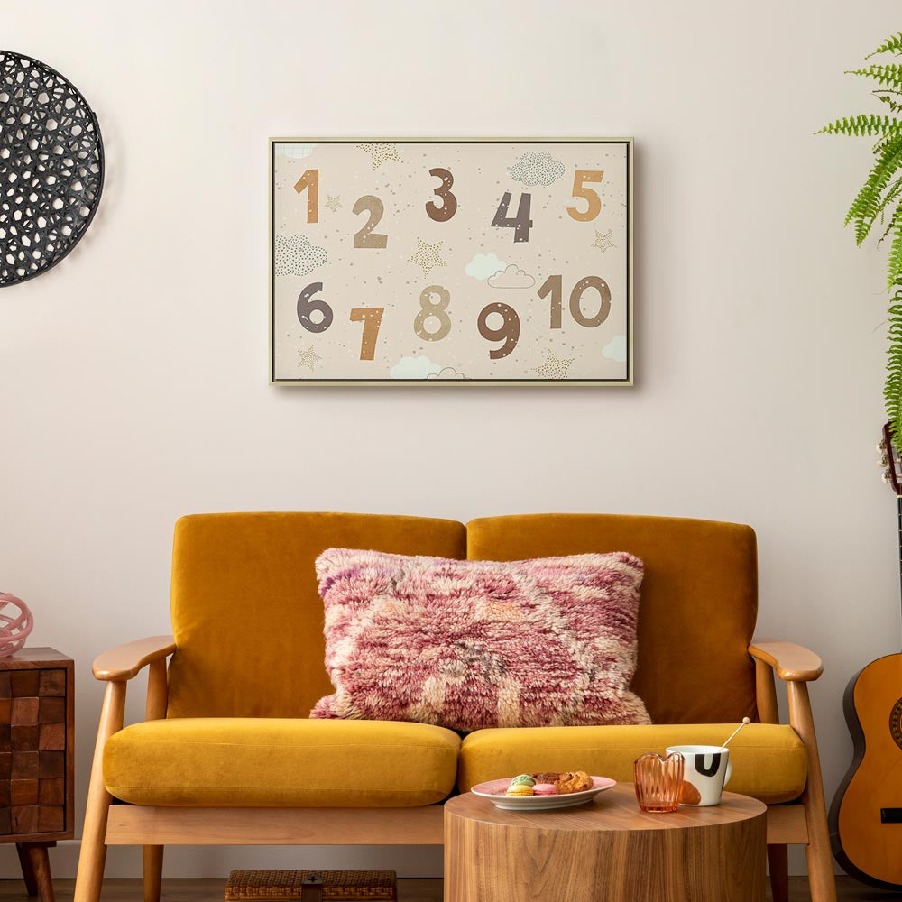 Canvas Print Jumping Numbers in Beige-Brown Snowflakes Stars Clouds
