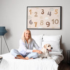 Canvas Print Jumping Numbers in Beige-Brown Snowflakes Stars Clouds