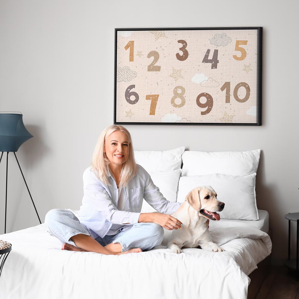 Canvas Print Jumping Numbers in Beige-Brown Snowflakes Stars Clouds