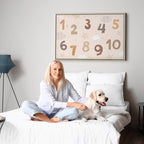 Canvas Print Jumping Numbers in Beige-Brown Snowflakes Stars Clouds