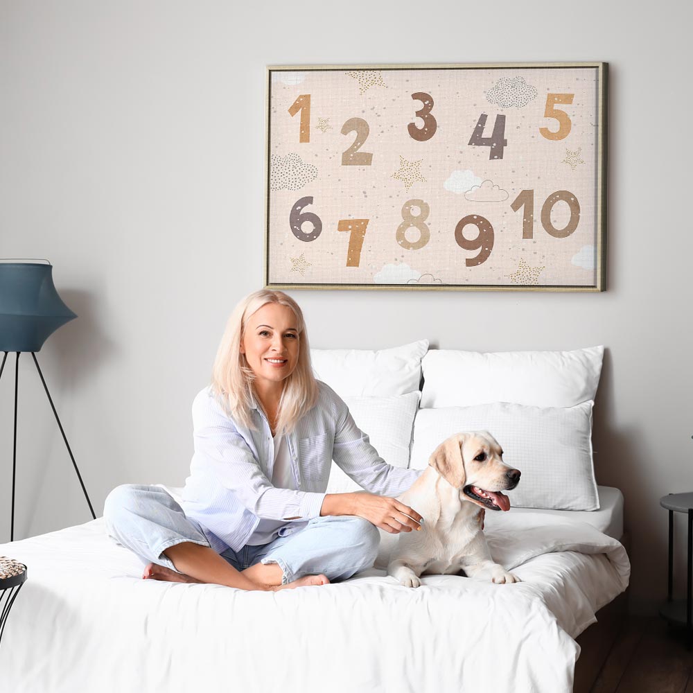 Canvas Print Jumping Numbers in Beige-Brown Snowflakes Stars Clouds