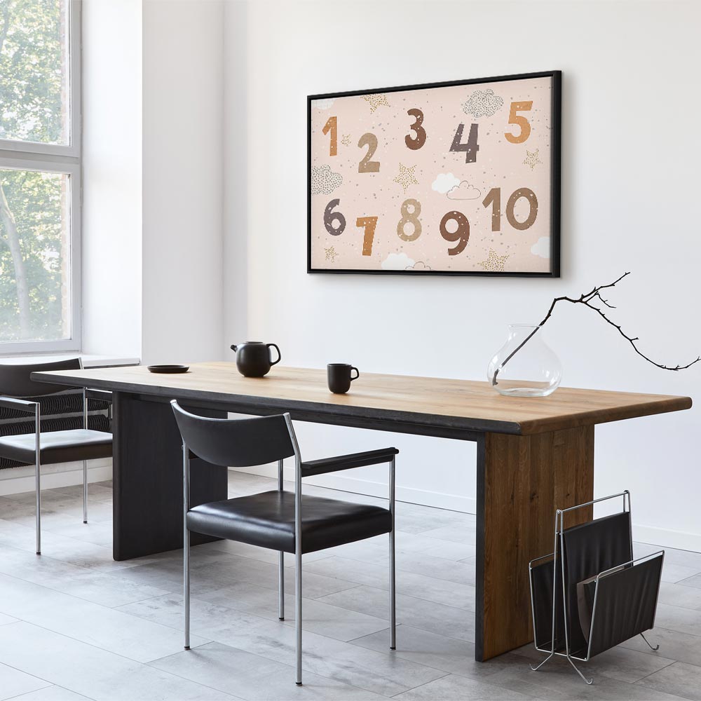 Canvas Print Jumping Numbers in Beige-Brown Snowflakes Stars Clouds