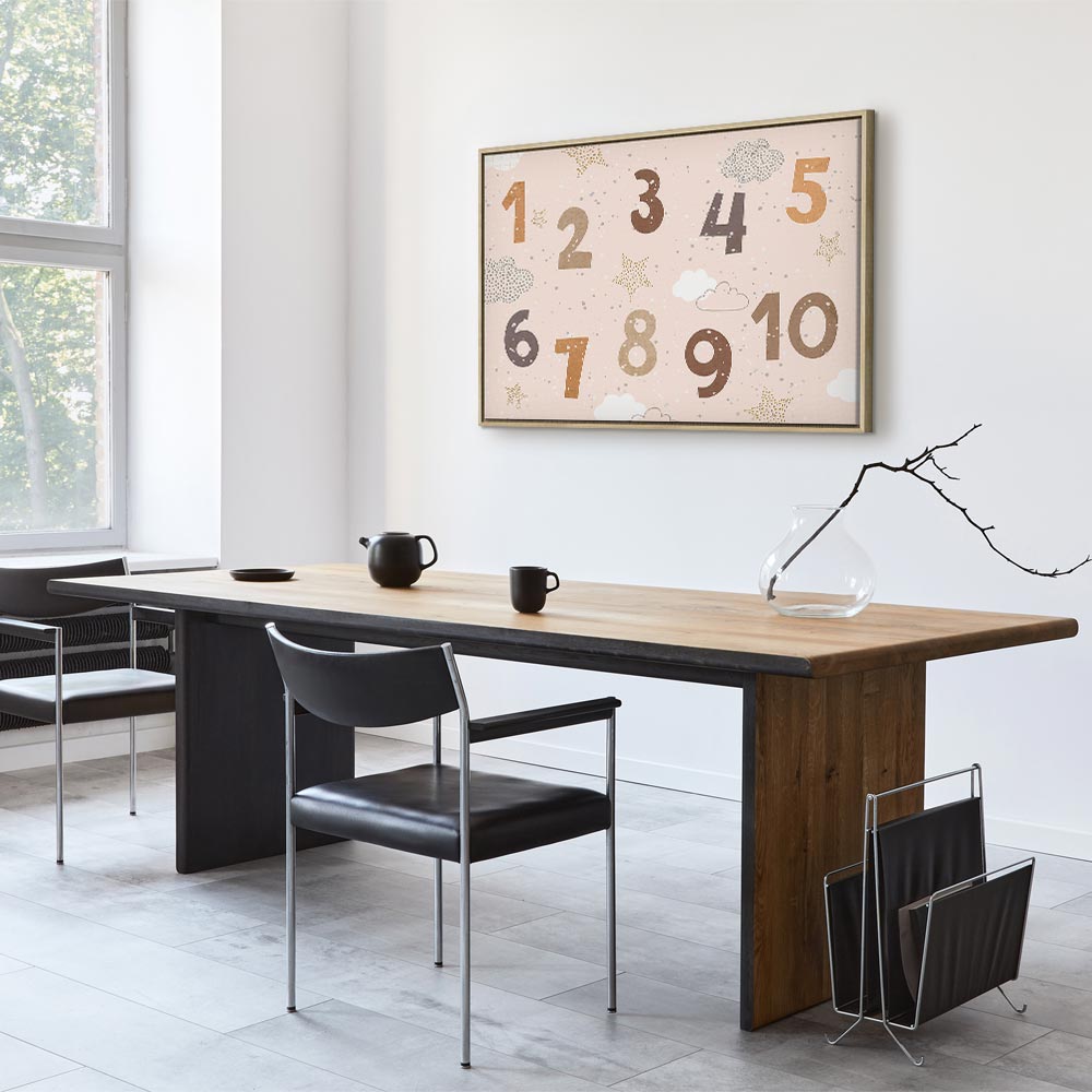 Canvas Print Jumping Numbers in Beige-Brown Snowflakes Stars Clouds