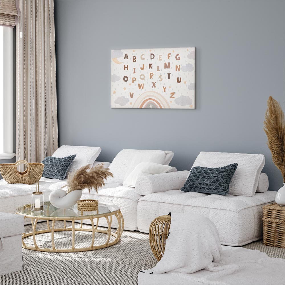 Canvas Print Letters Above the Rainbow with Moon and Stars on Light Background