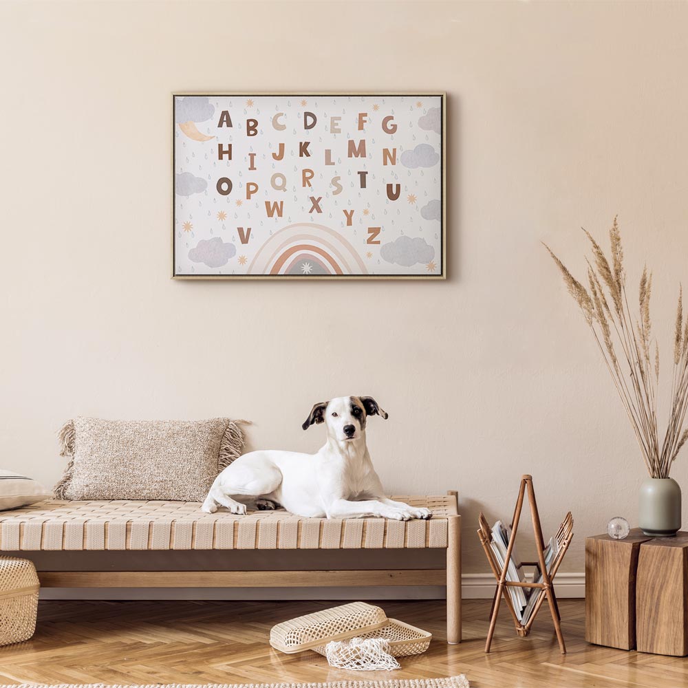 Canvas Print Letters Above the Rainbow with Moon and Stars on Light Background