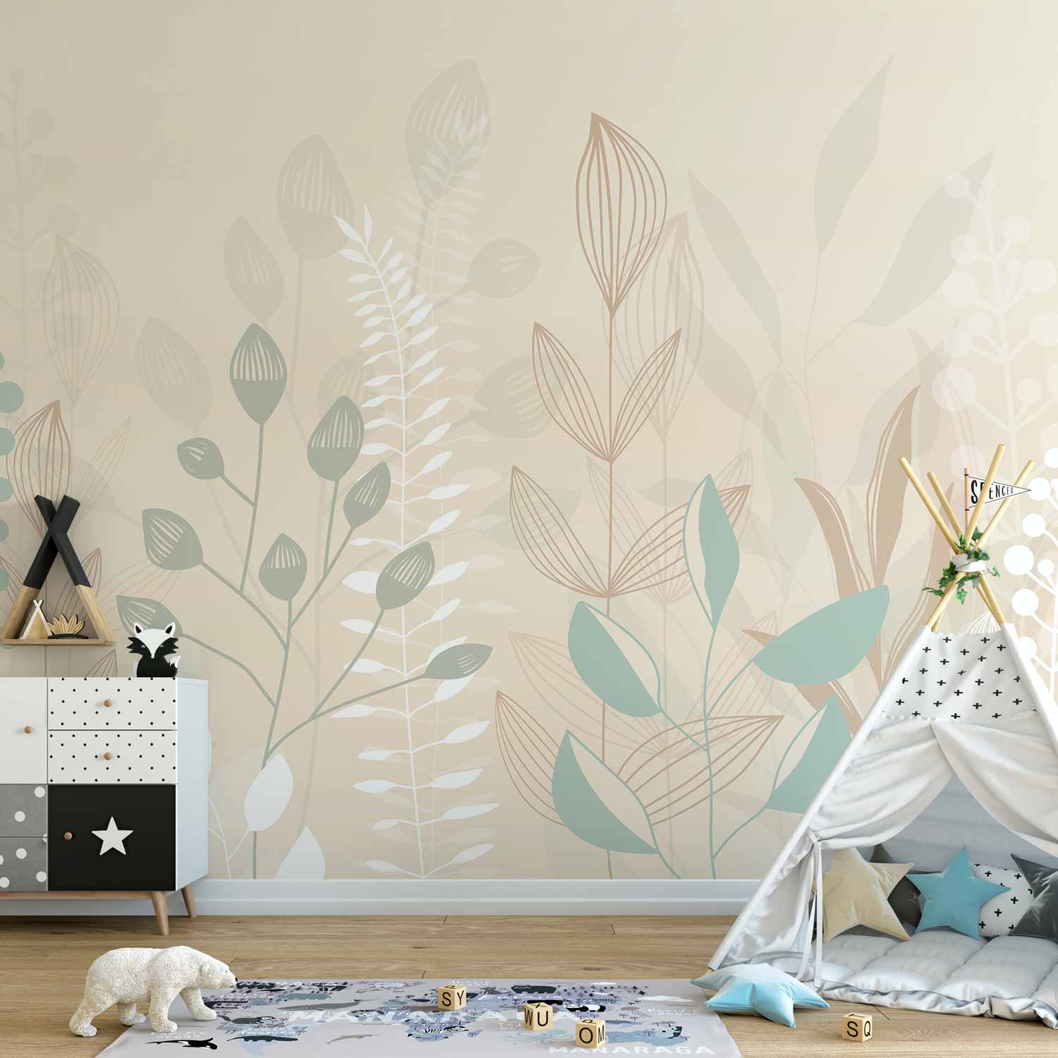 Pastel Beige Leaves Nature Wall Mural