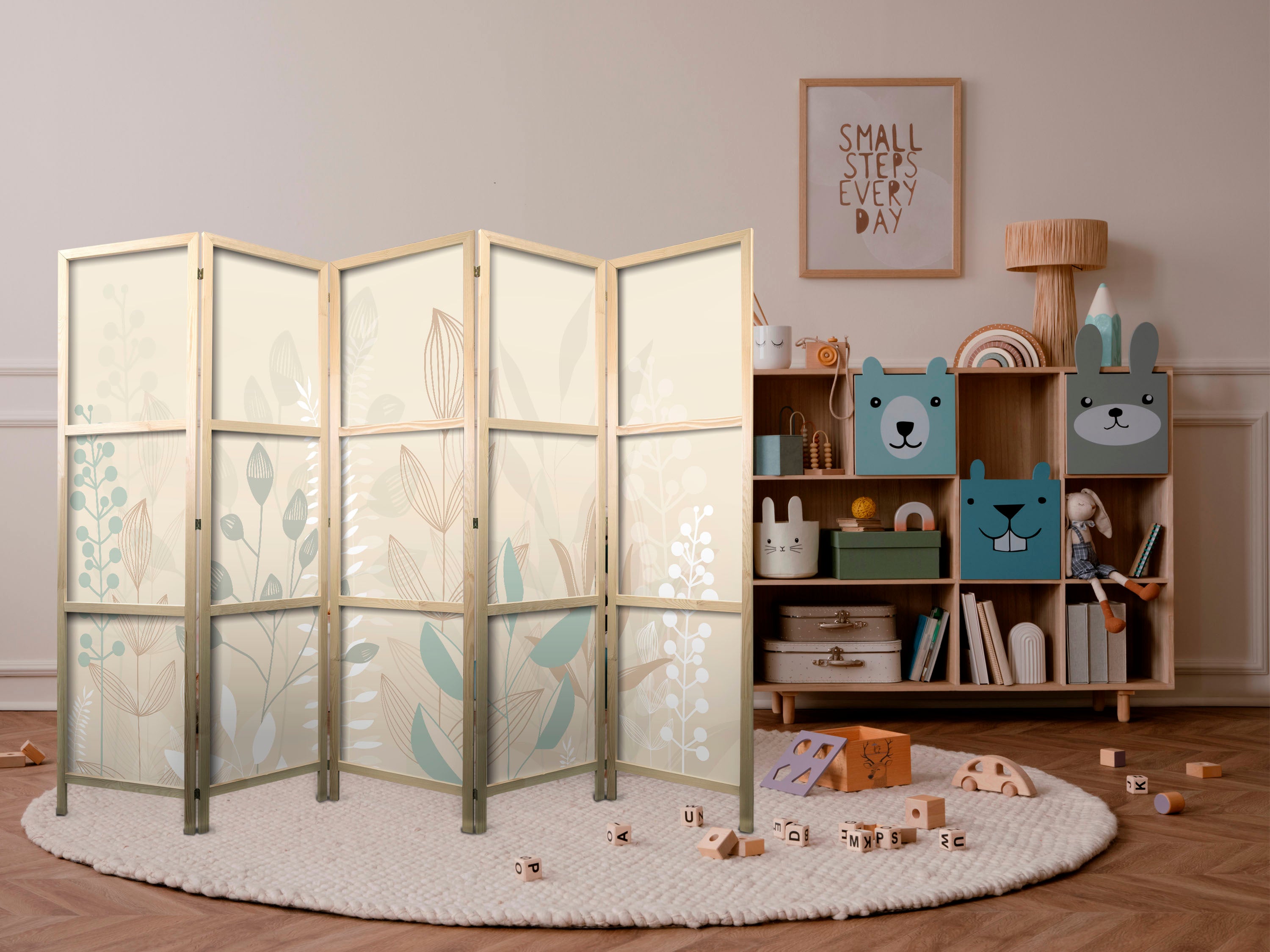 Japanese Room Divider 5-Panel Pastel Plant Motif