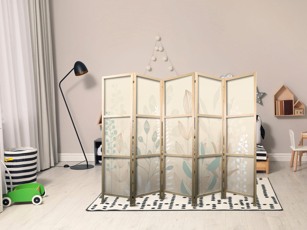 Japanese Room Divider 5-Panel Pastel Plant Motif
