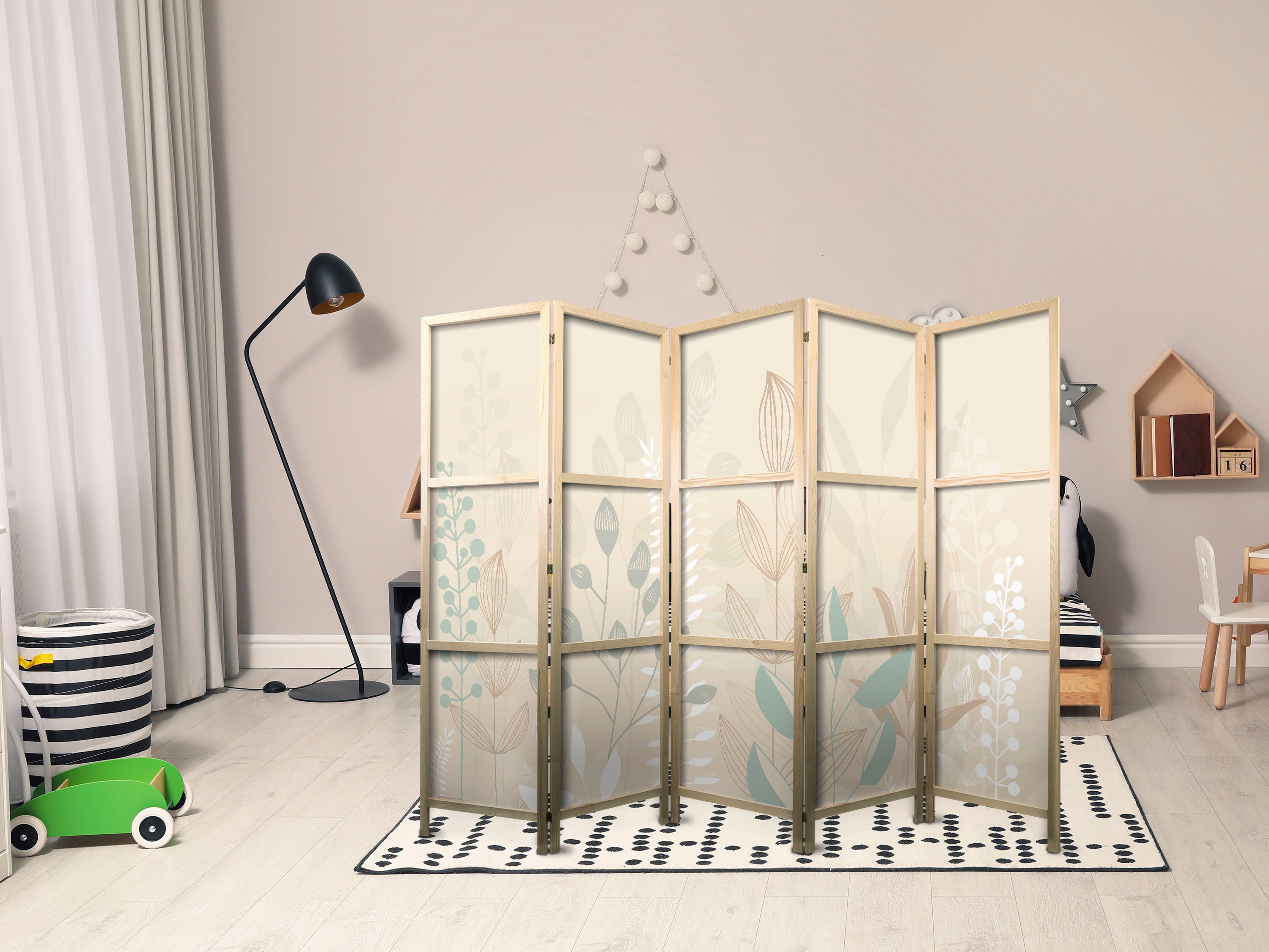 Japanese Room Divider 5-Panel Pastel Plant Motif