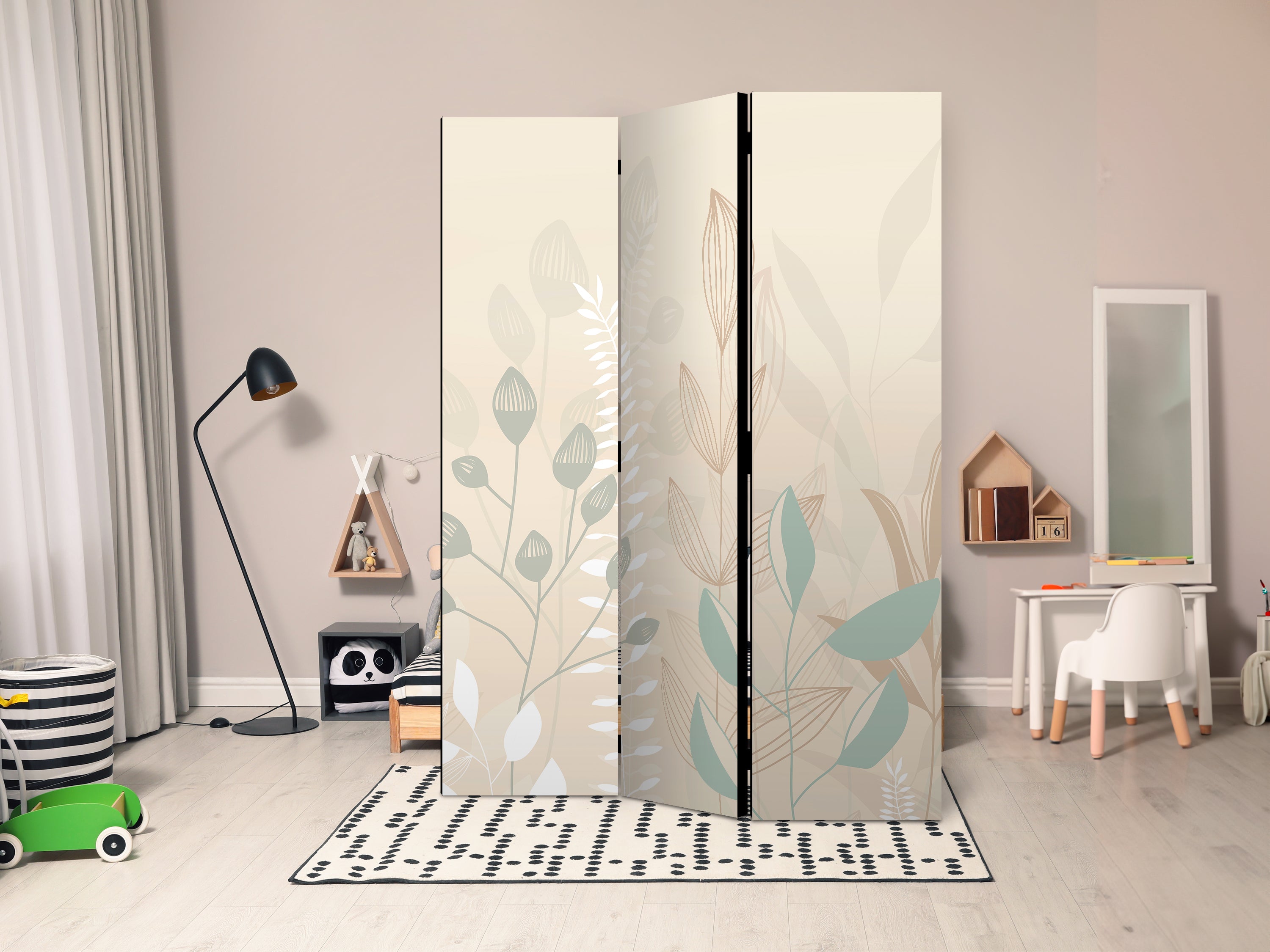 Room Divider Morning in the Meadow - Pastel Plants on Beige Background