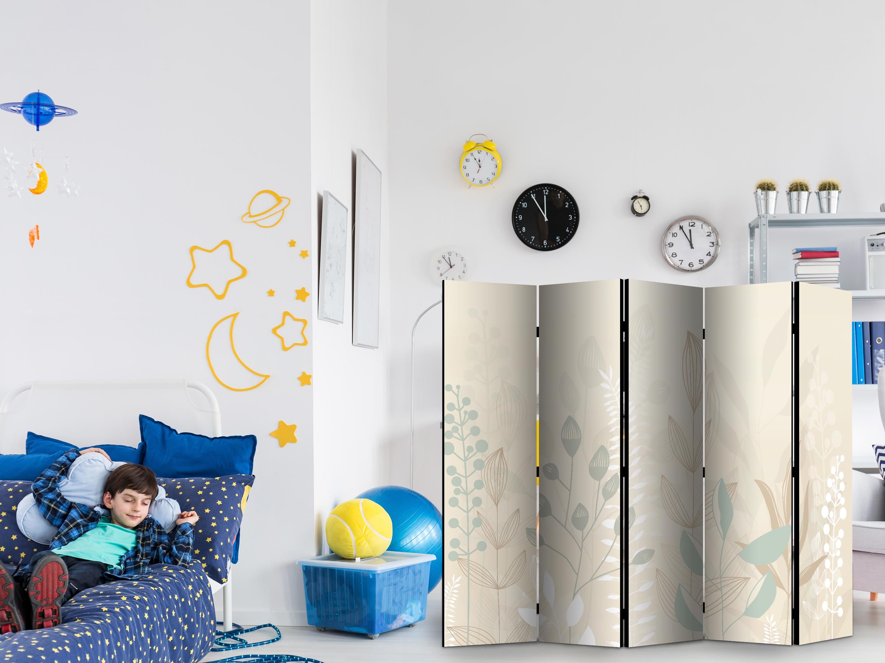 Room Divider Morning in the Meadow with Pastel Plant Motifs on Beige