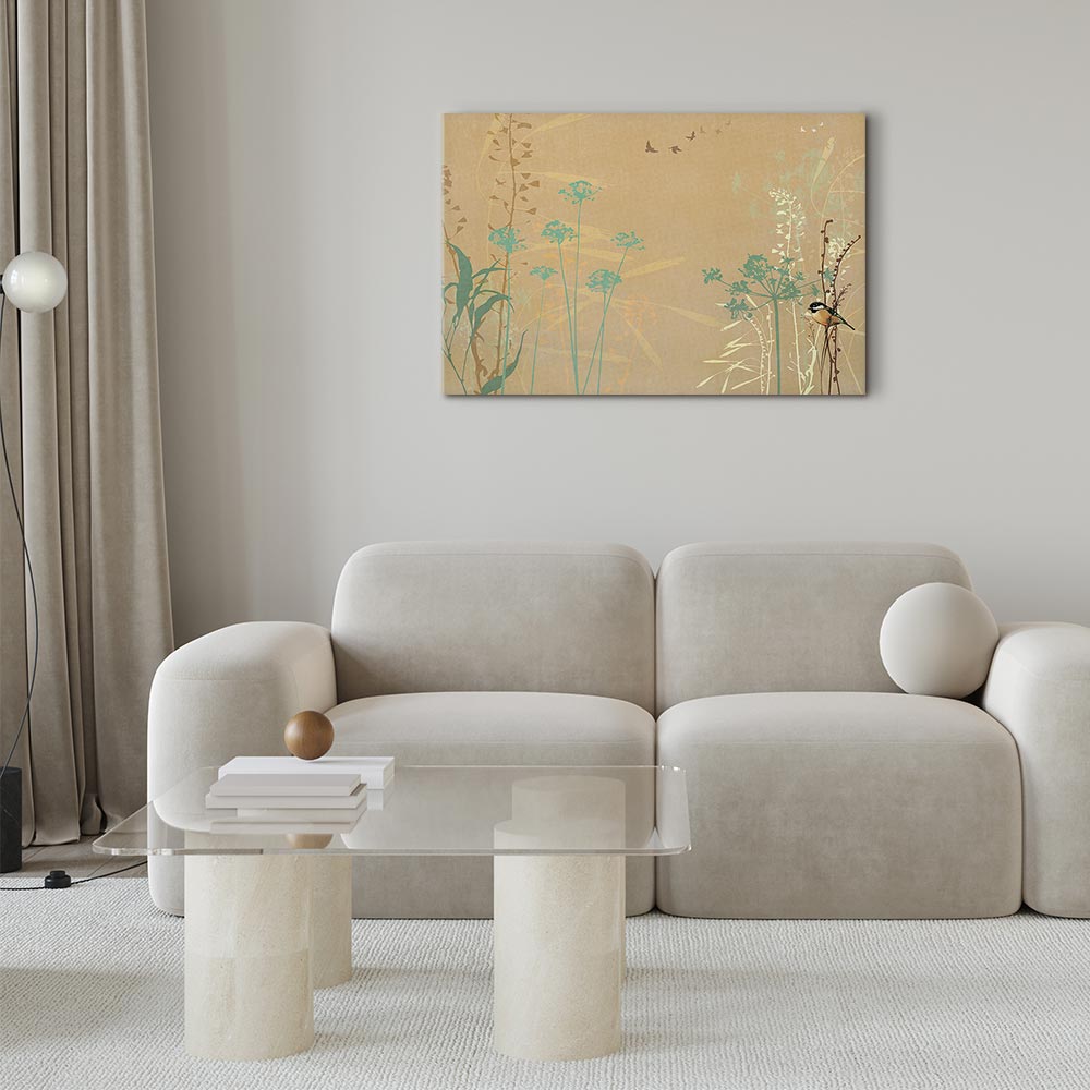 Canvas Print - Tiny Bird - Colorful Grasses in Golden Shades of Sunset