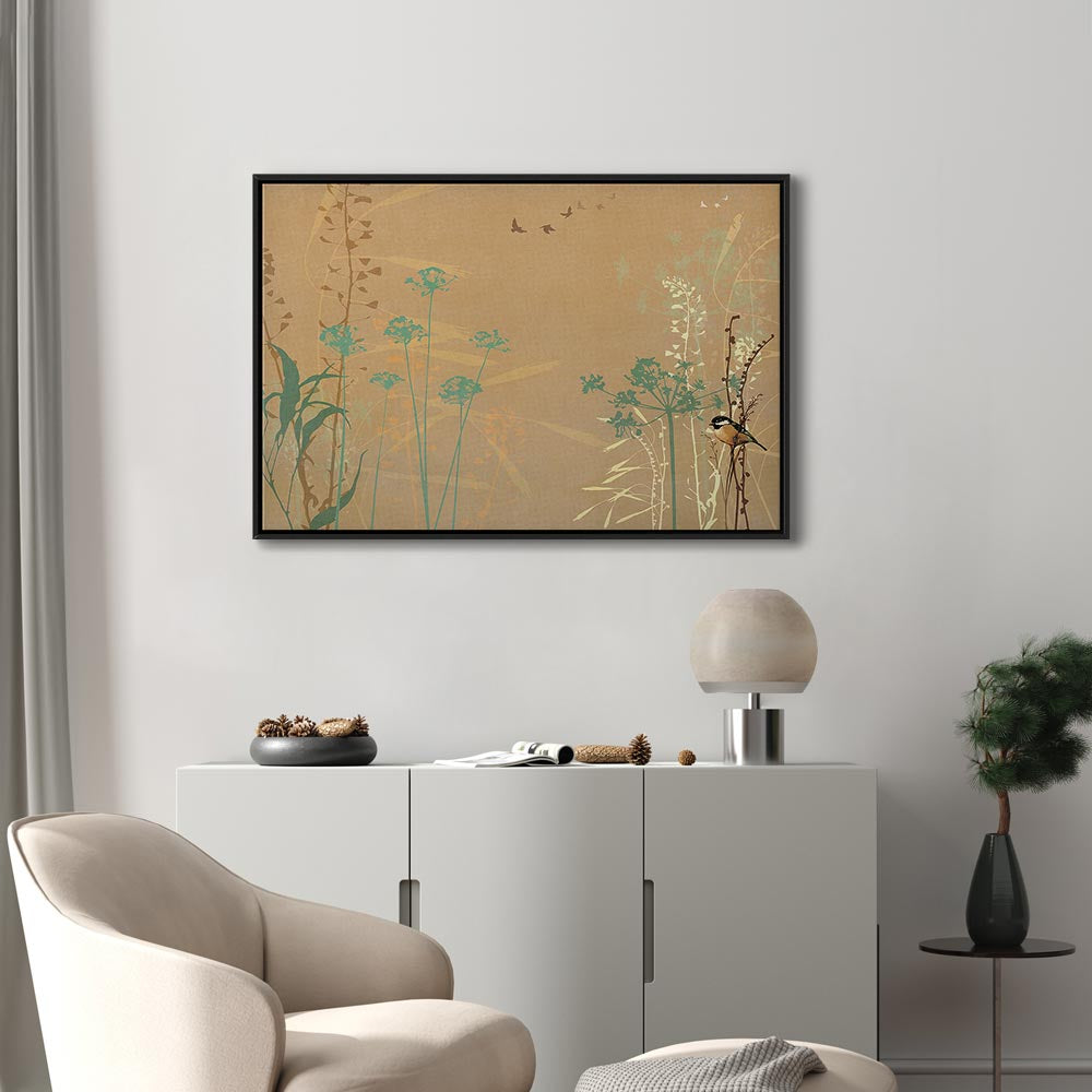 Canvas Print - Tiny Bird - Colorful Grasses in Golden Shades of Sunset