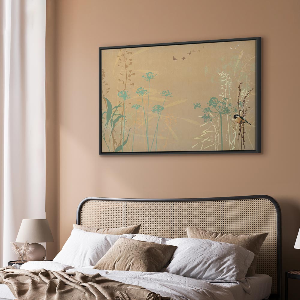 Canvas Print - Tiny Bird - Colorful Grasses in Golden Shades of Sunset