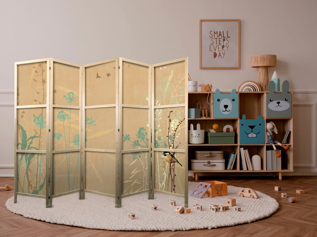 Japanese Room Divider - Tiny Bird - Colorful grasses in sunset