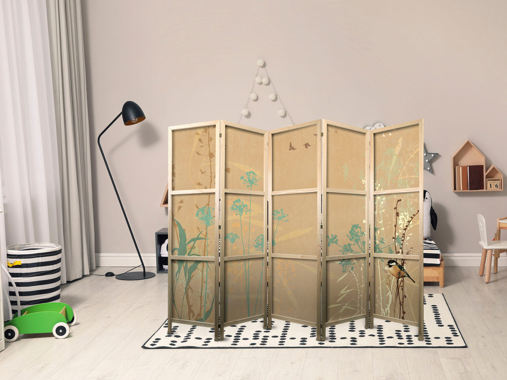 Japanese Room Divider - Tiny Bird - Colorful grasses in sunset