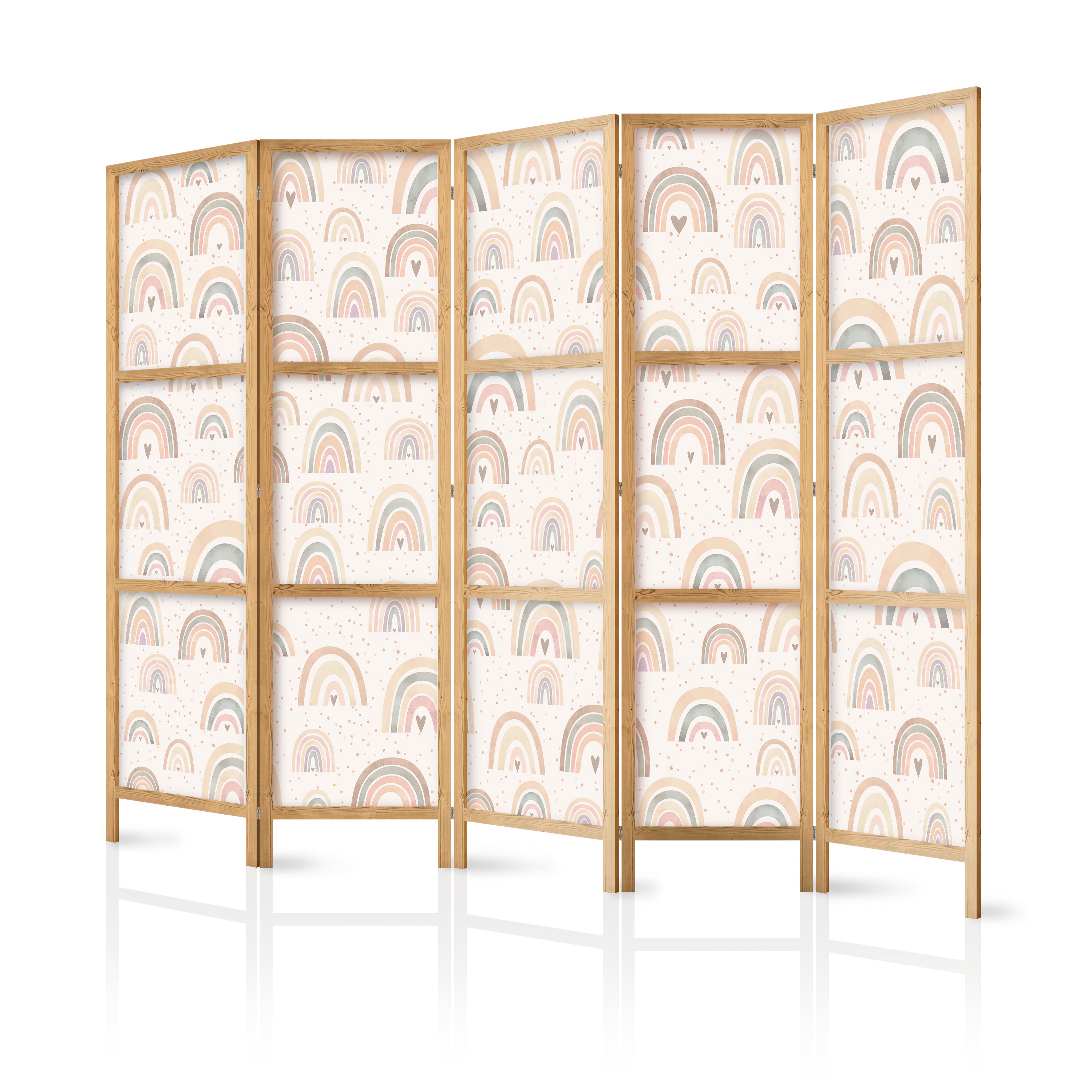 Japanese Room Divider - Spring Pastel Rainbows & Hearts (5-Panel)