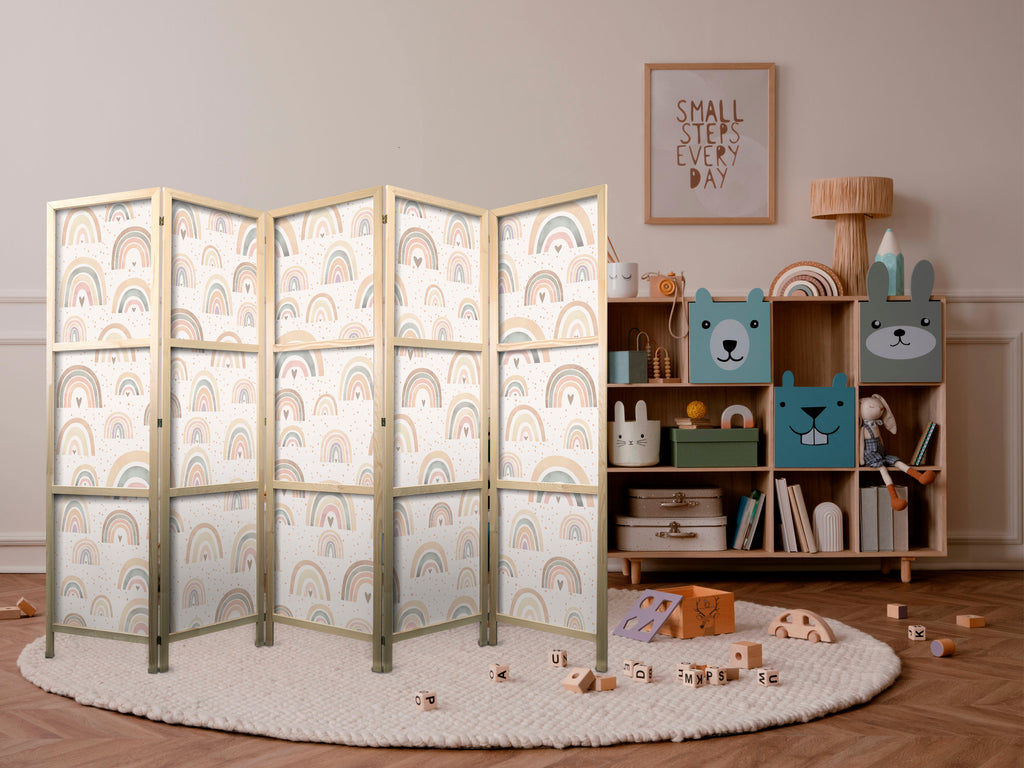 Japanese Room Divider - Spring Pastel Rainbows & Hearts (5-Panel)