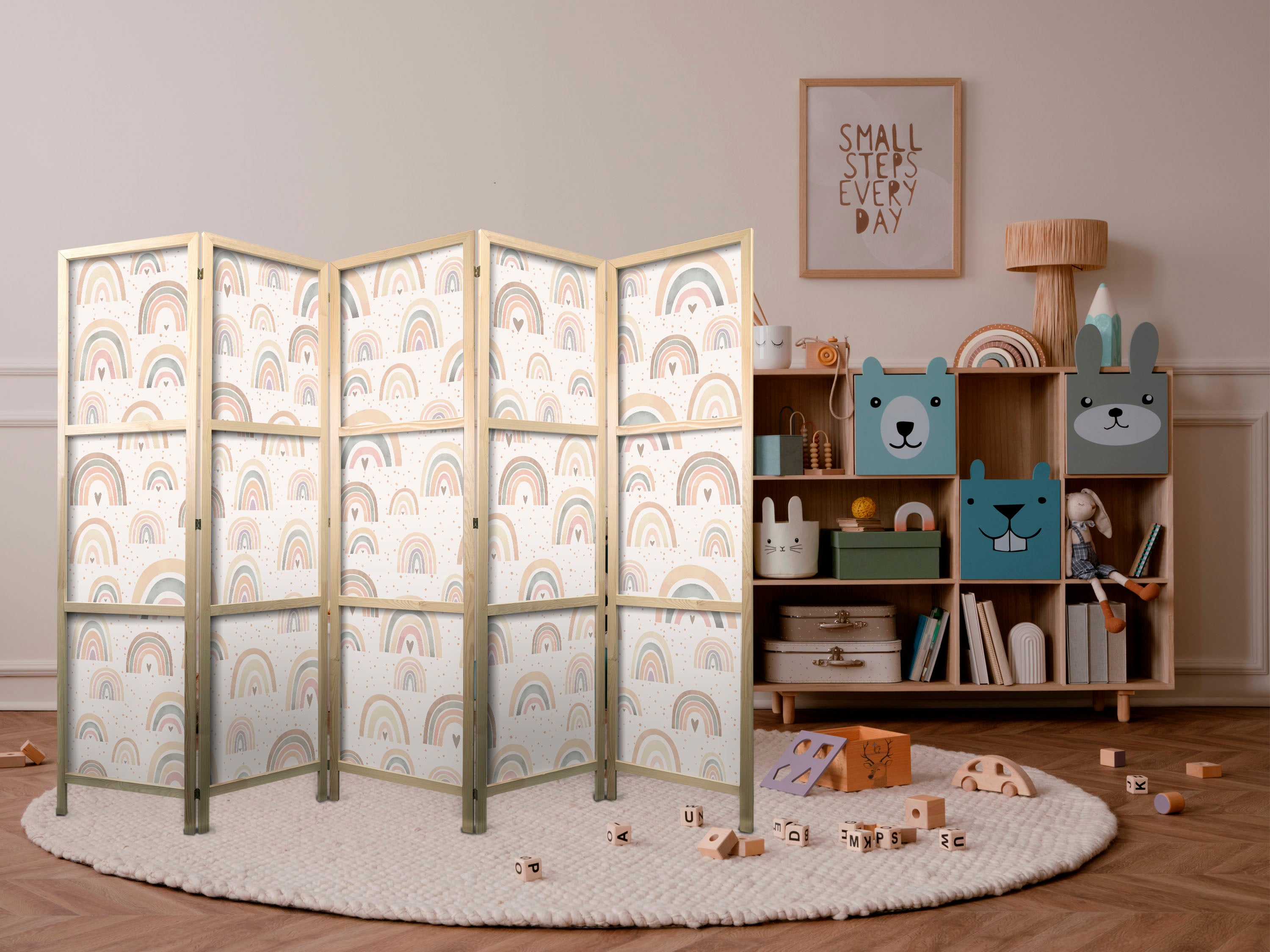 Japanese Room Divider - Spring Pastel Rainbows & Hearts (5-Panel)