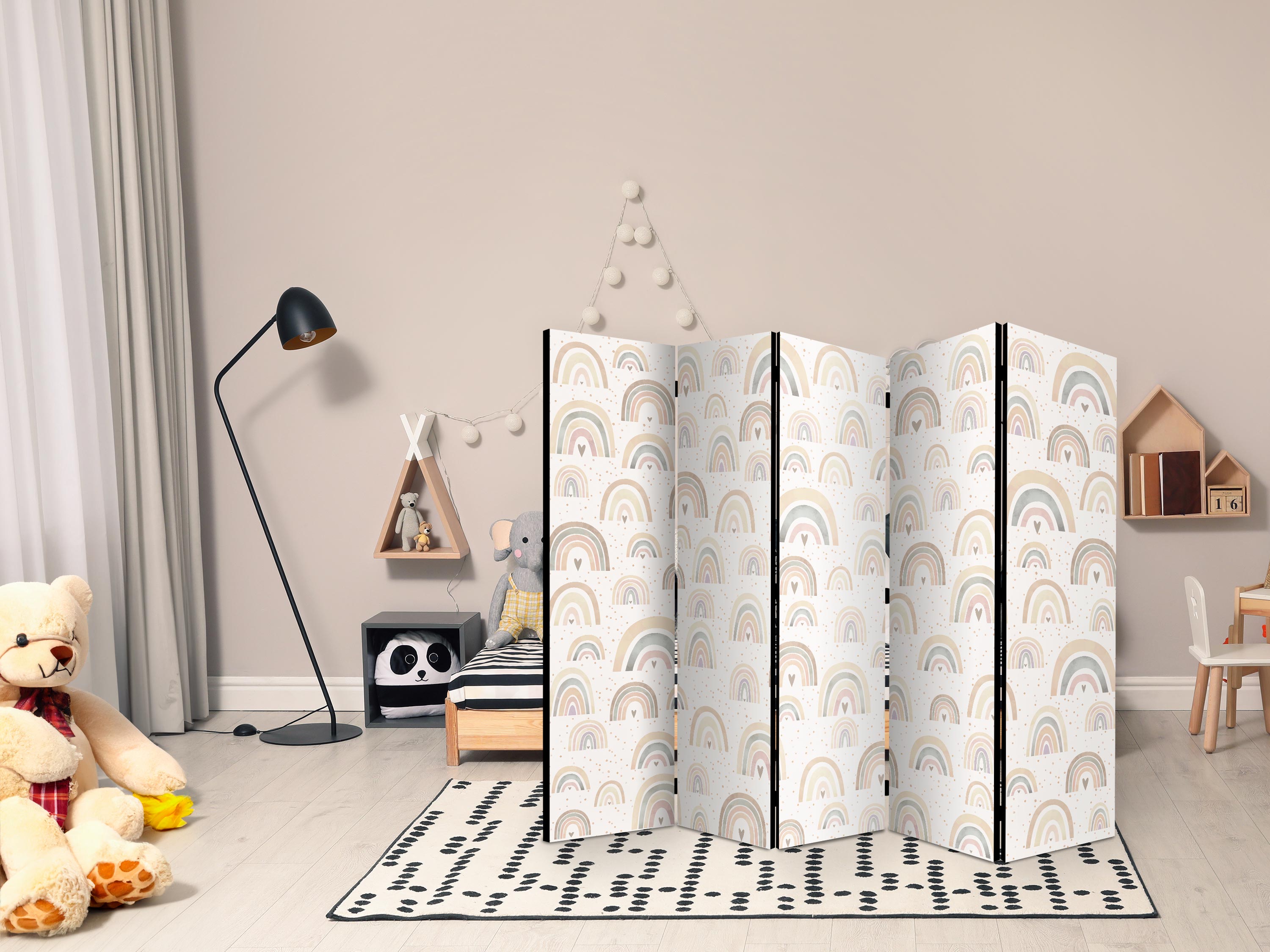 Room Divider 5-Panel Pastel Rainbows Hearts