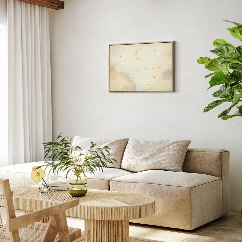 Canvas Print - Bright Night - Moon Accompanied by Many Stars on a Light Background