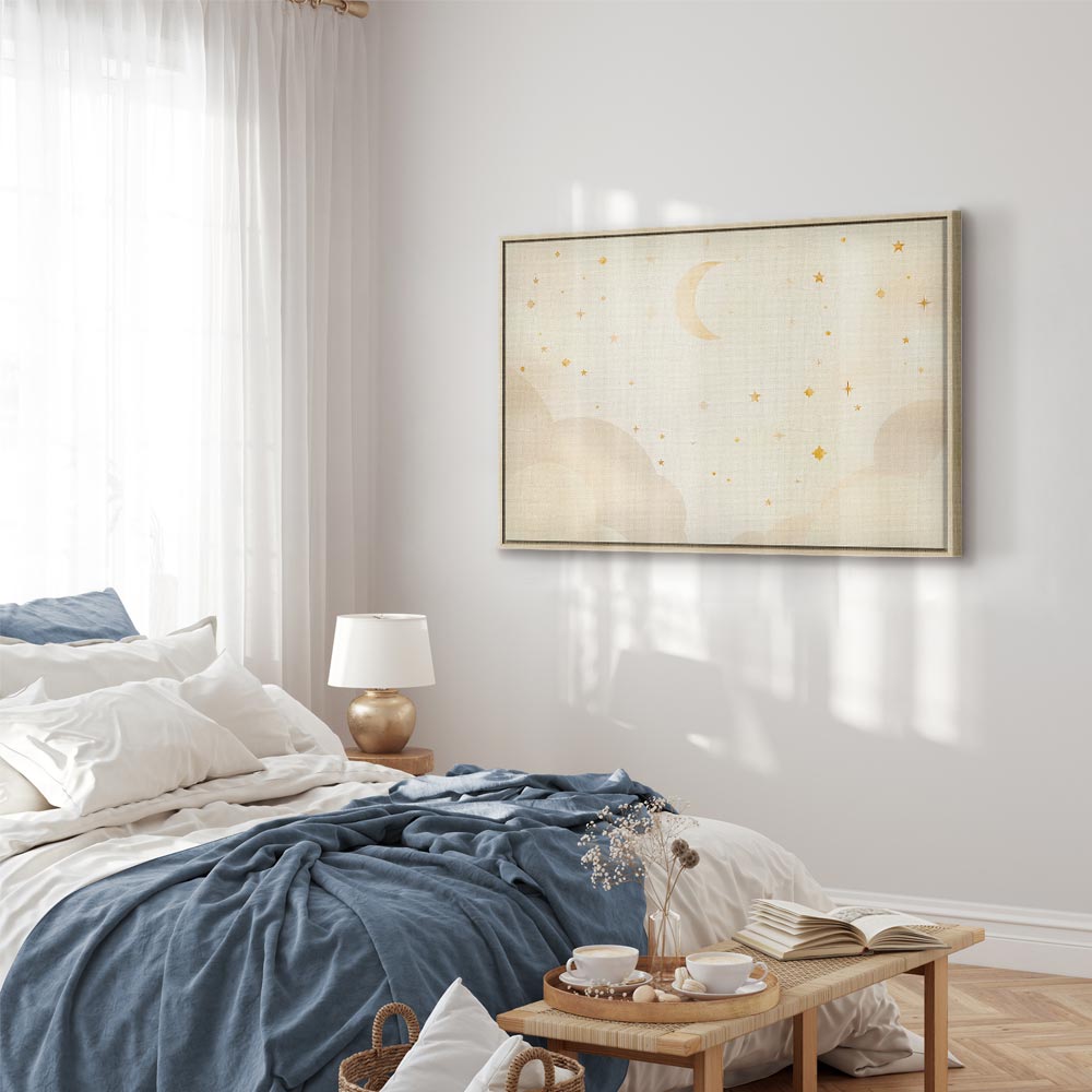 Canvas Print - Bright Night - Moon Accompanied by Many Stars on a Light Background