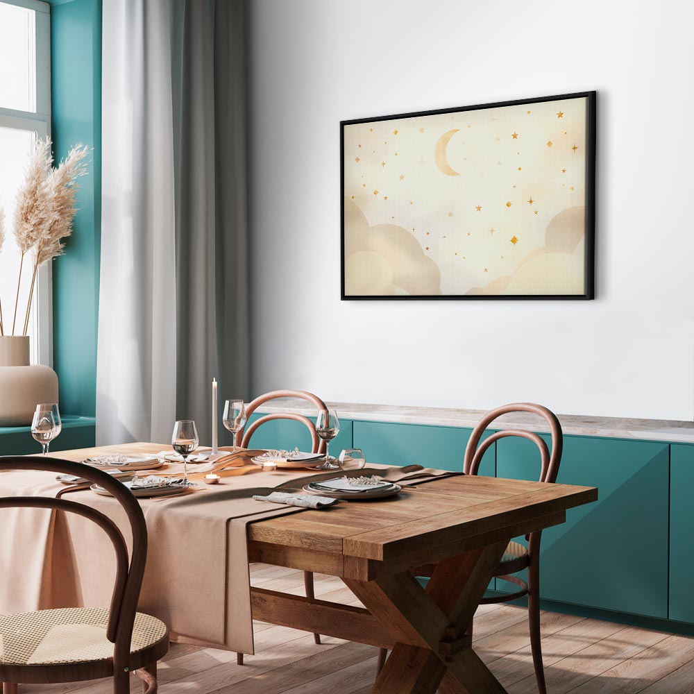 Canvas Print - Bright Night - Moon Accompanied by Many Stars on a Light Background