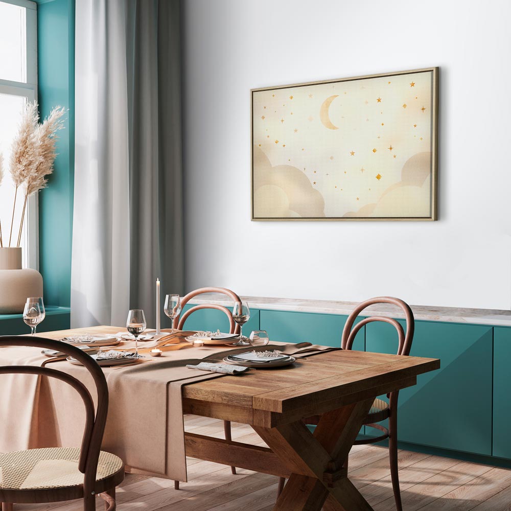 Canvas Print - Bright Night - Moon Accompanied by Many Stars on a Light Background