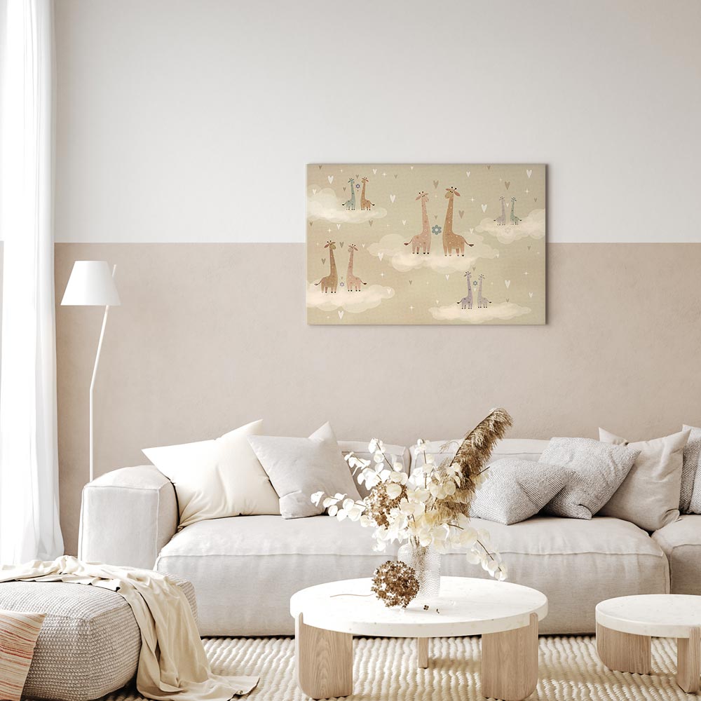 Canvas Print Love: Colorful Giraffes in Clouds