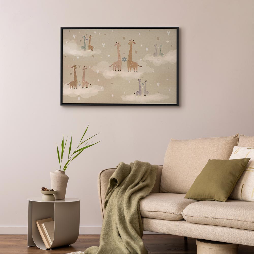 Canvas Print Love: Colorful Giraffes in Clouds