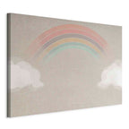 Canvas Print Rainy June Rainbow Emerges from Clouds on Bright Background